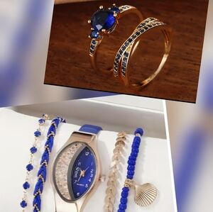 Gold-Tone Watch and Bracelet Set - Blue